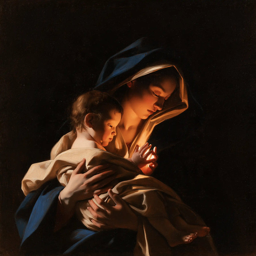 Virgin Mary and Child Jesus - Caravaggio Tenebrism · Square n° 1