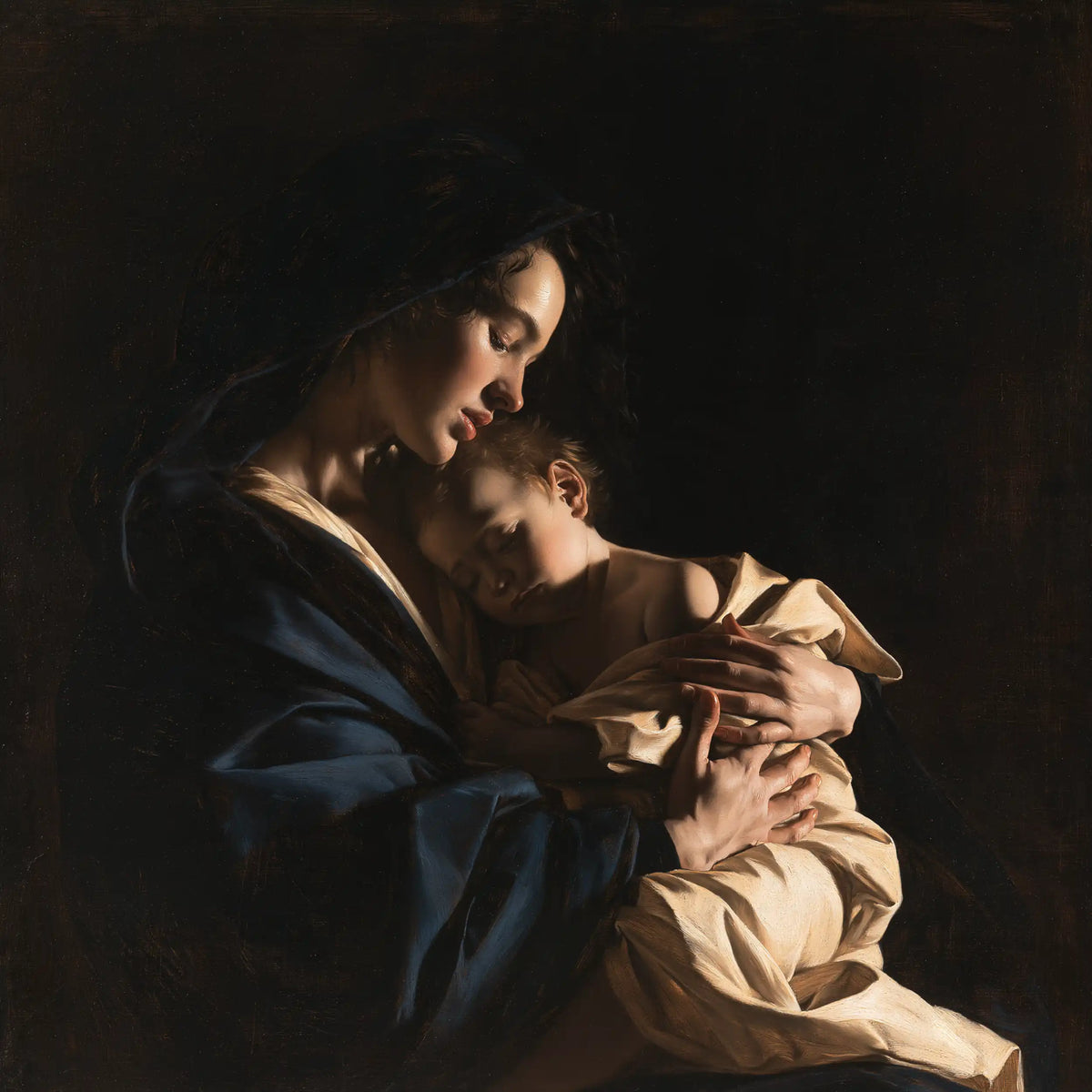 the Virgin Mary holding the Child Jesus in Caravaggio Tenebrism style, square Christian artwork no. 7