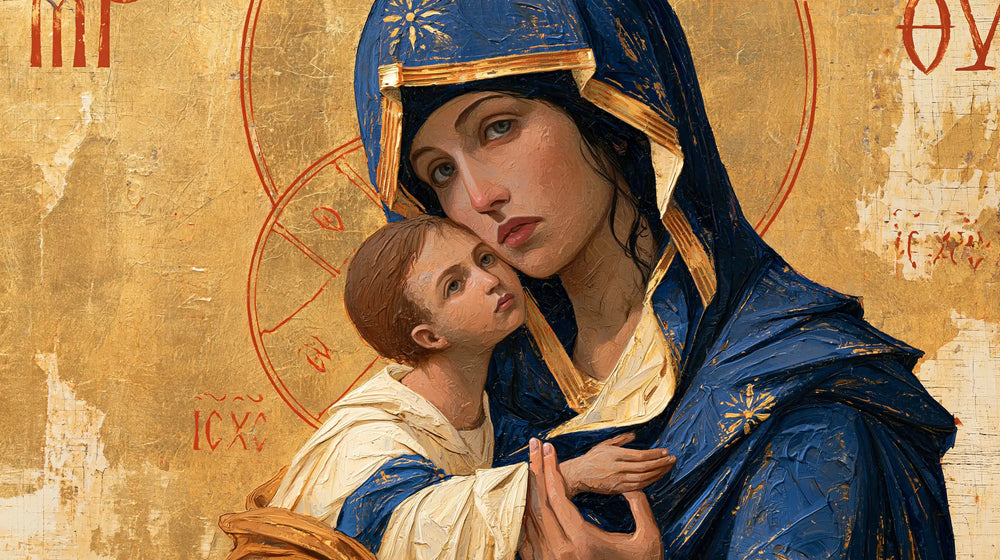 the Virgin Mary and the Child Jesus in Contemporary Byzantine style, landscape Christian artwork no. 11
