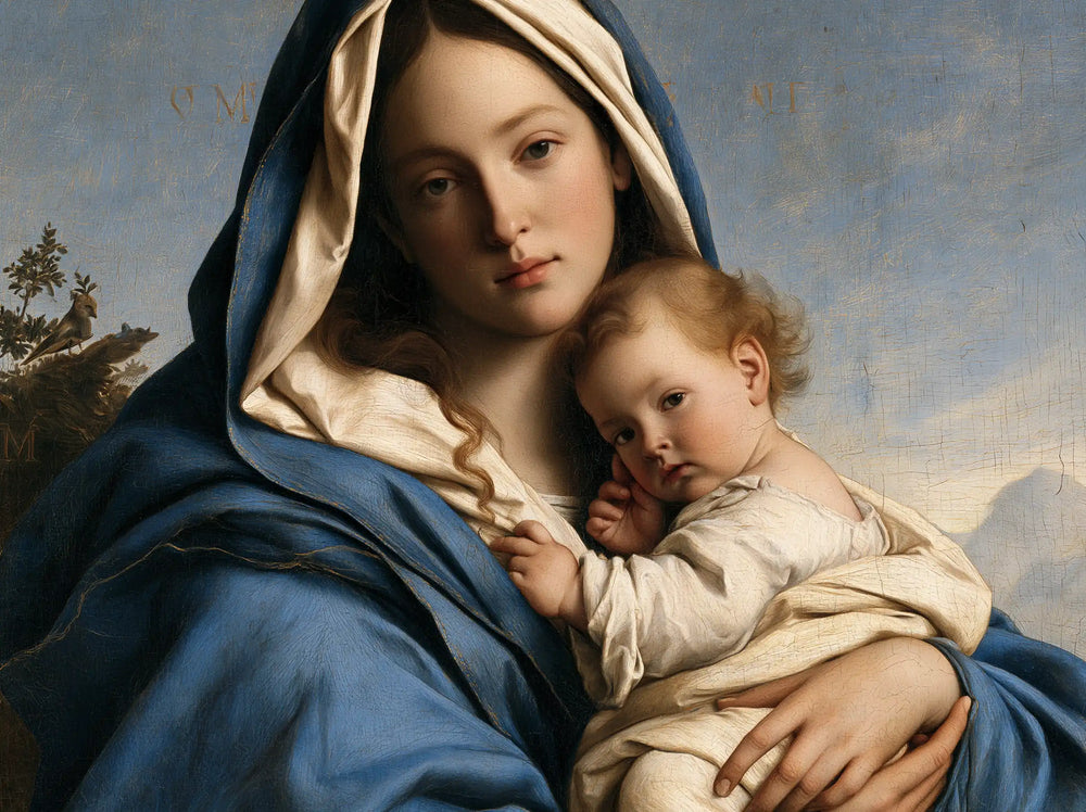 the Virgin Mary with the Child Jesus in Florentine Renaissance style, landscape Christian artwork no. 7