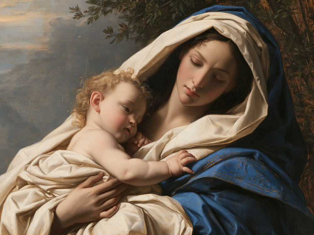 the Virgin Mary with the Child Jesus in Florentine Renaissance style, landscape Christian artwork no. 9