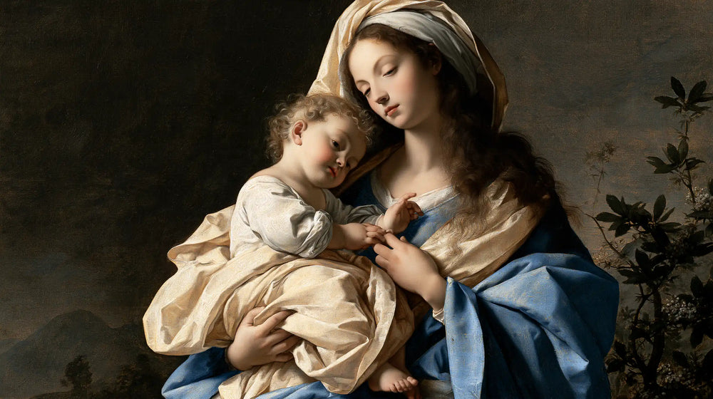 the Virgin Mary with the Child Jesus in Florentine Renaissance style, landscape Christian artwork no. 17