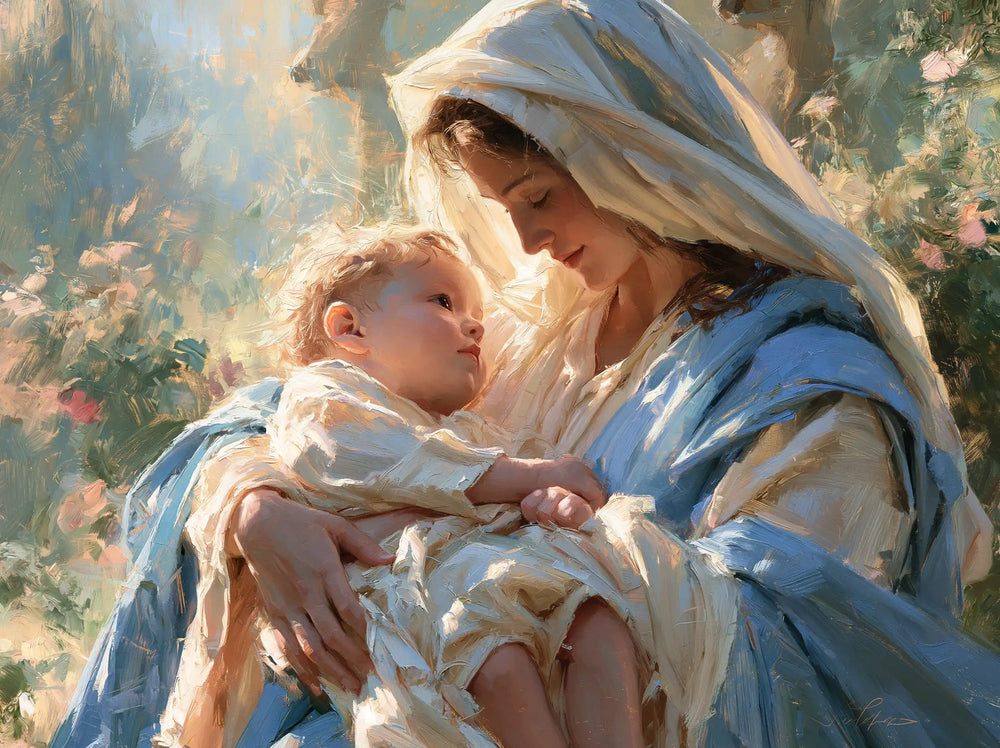 the Virgin Mary and the Child Jesus together in Impressionist style, landscape Christian artwork no. 1