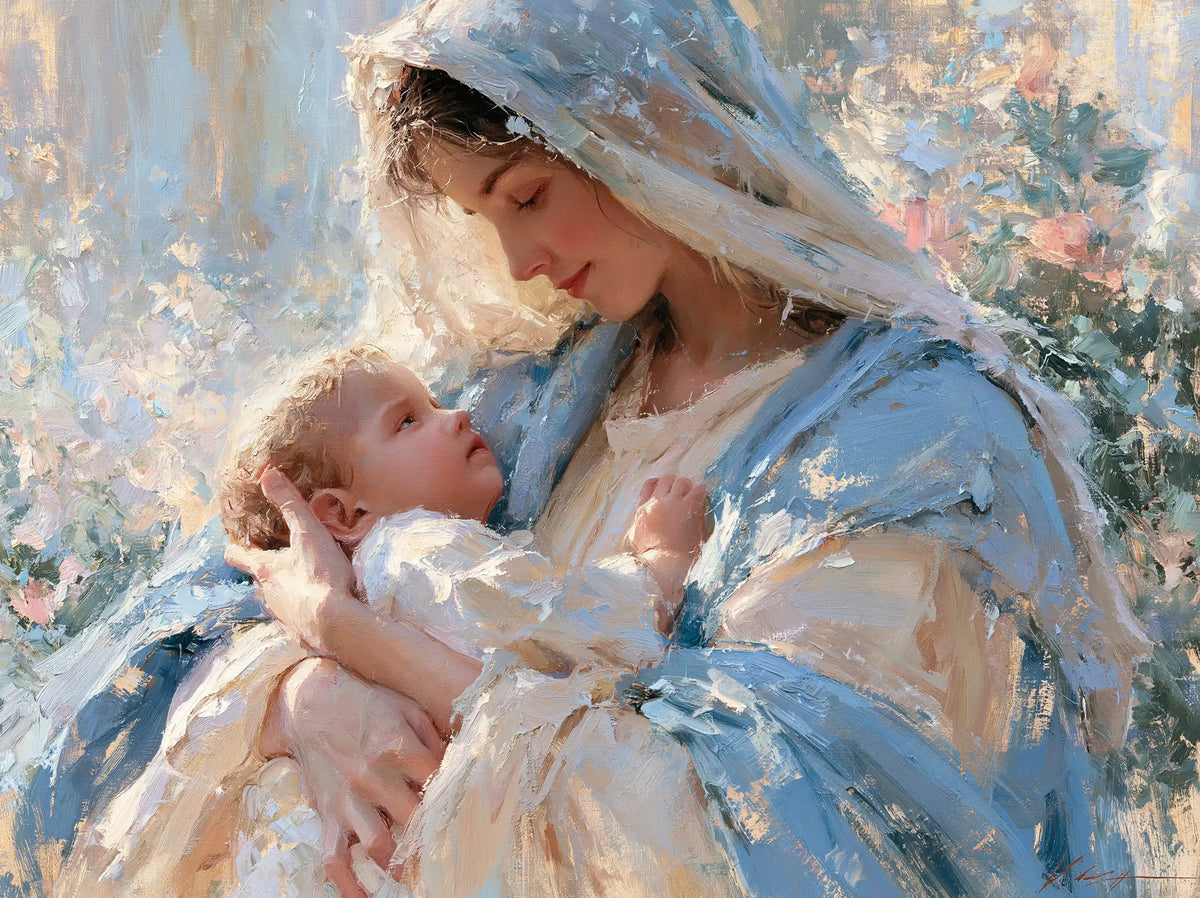 The Virgin and Child — A Gaze Cradled Among Pink Brushstrokes