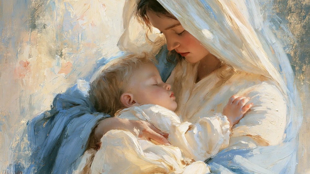 the Virgin Mary and the Child Jesus together in Impressionist style, landscape Christian artwork no. 17