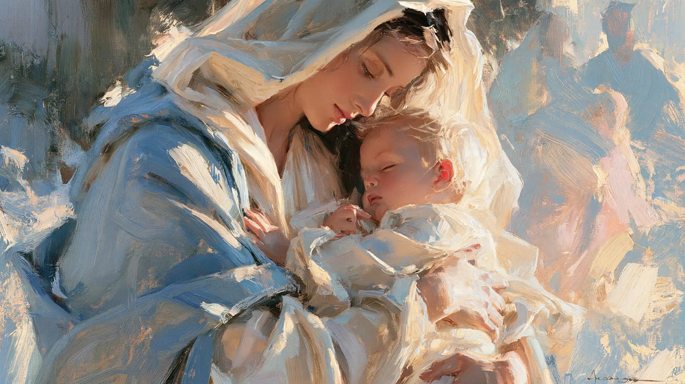 the Virgin Mary and the Child Jesus together in Impressionist style, landscape Christian artwork no. 18
