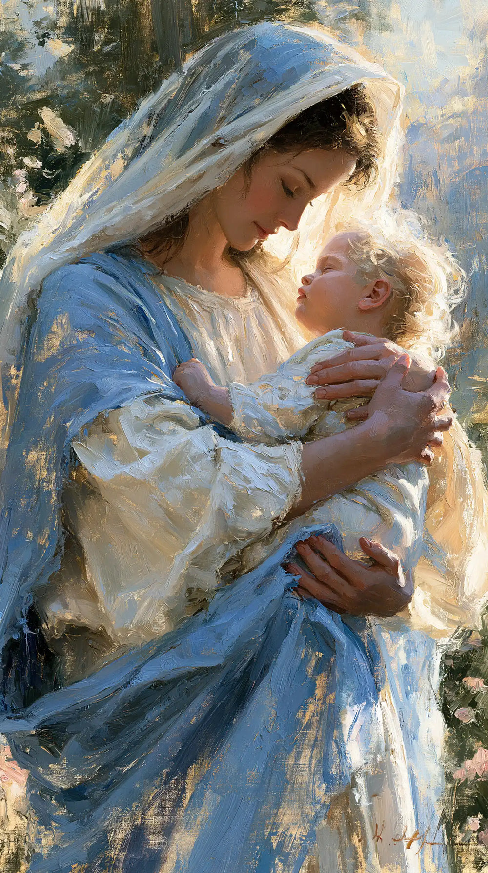the Virgin Mary and the Child Jesus together in Impressionist style, portrait Christian artwork no. 2