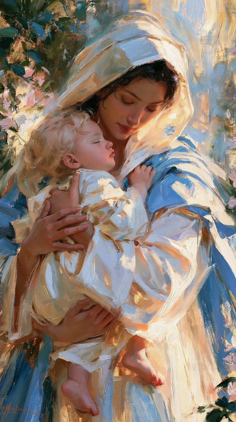 the Virgin Mary and the Child Jesus together in Impressionist style, portrait Christian artwork no. 7