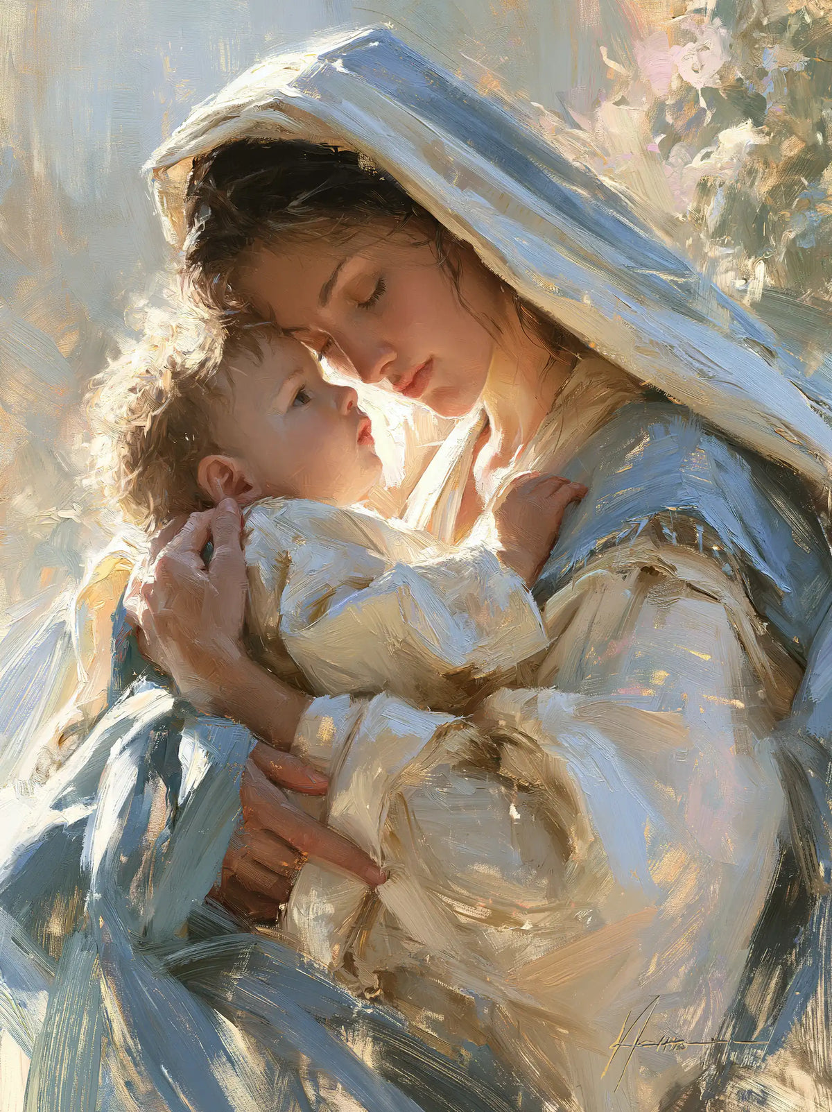 the Virgin Mary and the Child Jesus together in Impressionist style, portrait Christian artwork no. 13