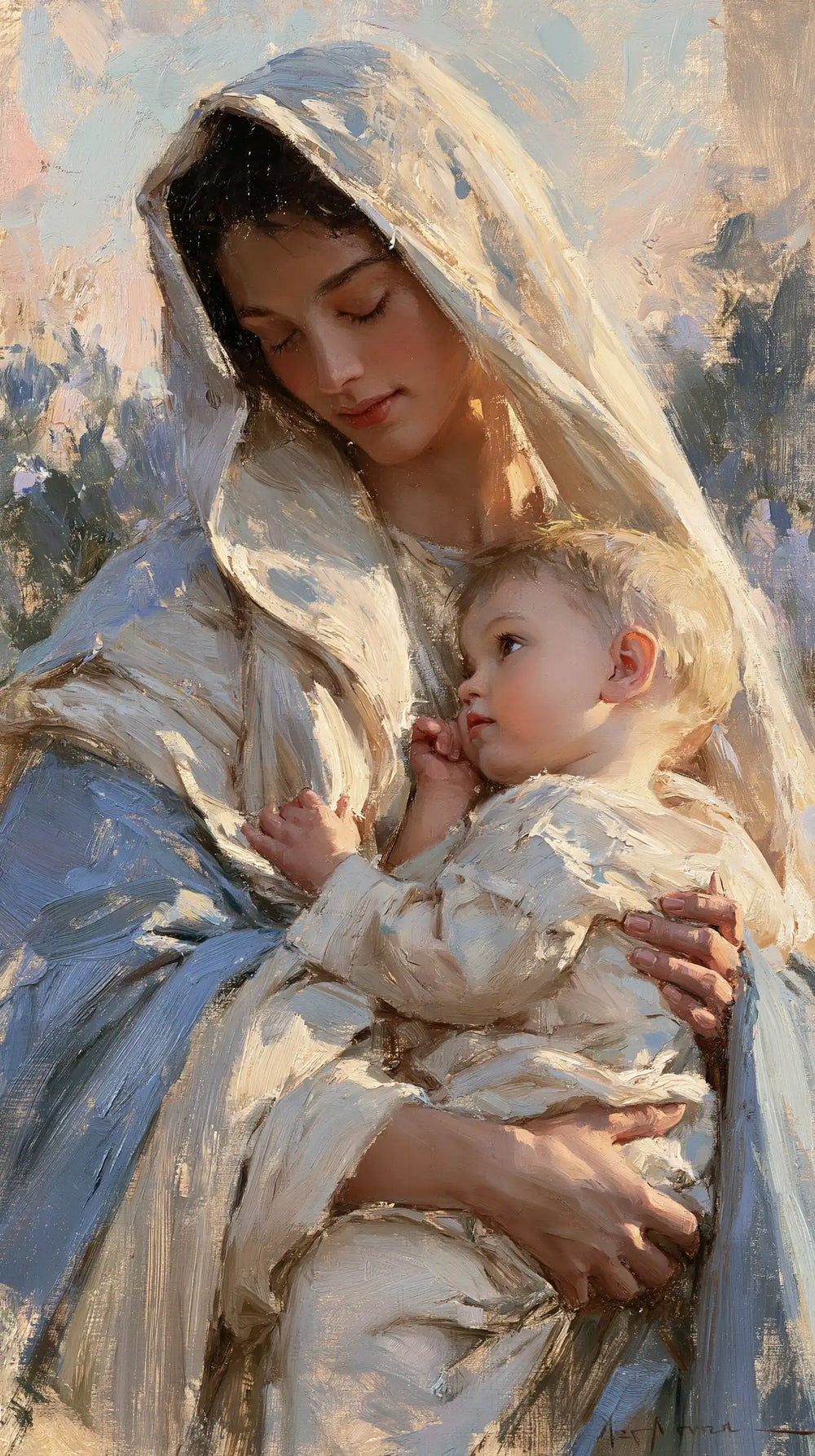 the Virgin Mary and the Child Jesus together in Impressionist style, portrait Christian artwork no. 18