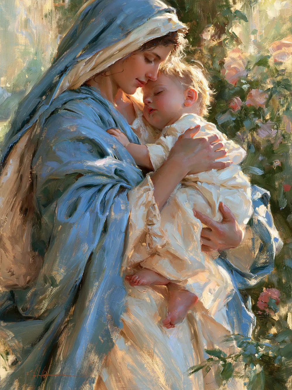 the Virgin Mary and the Child Jesus together in Impressionist style, portrait Christian artwork no. 34