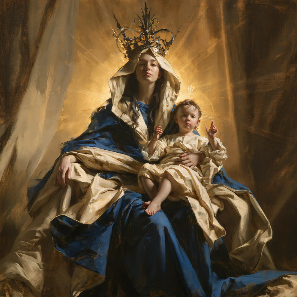 the majestic Virgin Mary with the Child Jesus in Majestic Virgin and Child style, square Christian artwork no. 3