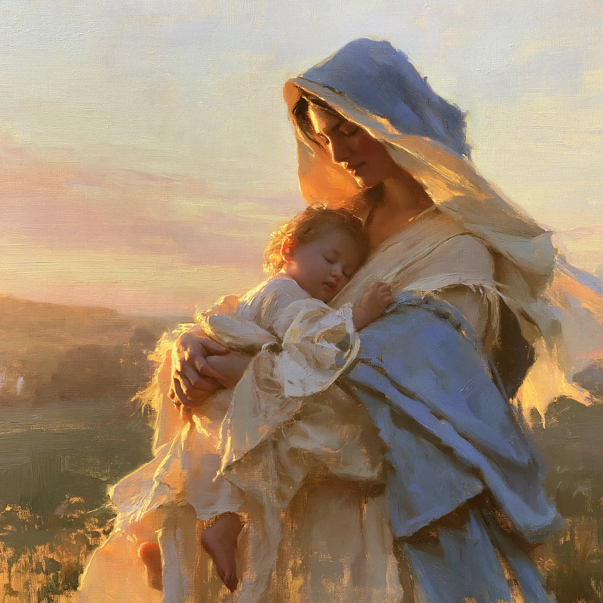the Virgin Mary and the Child Jesus at dawn in Mary and Jesus at Dawn style, square Christian artwork no. 4
