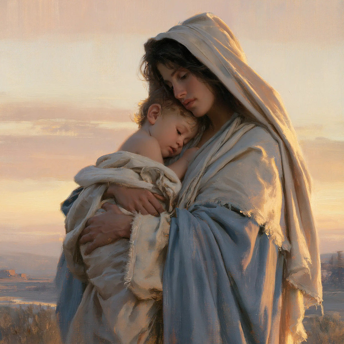 the Virgin Mary and the Child Jesus at dawn in Mary and Jesus at Dawn style, square Christian artwork no. 9