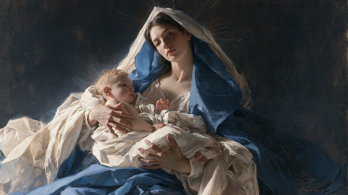 the Virgin Mary presenting the Child Jesus in Mary Presenting the Child Jesus style, landscape Christian artwork no. 15