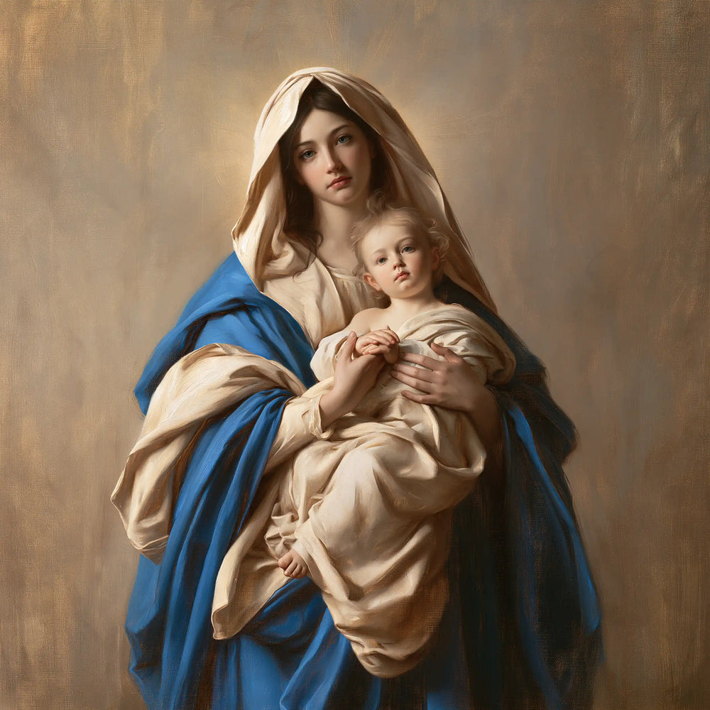 the Virgin Mary presenting the Child Jesus in Mary Presenting the Child Jesus style, square Christian artwork no. 1