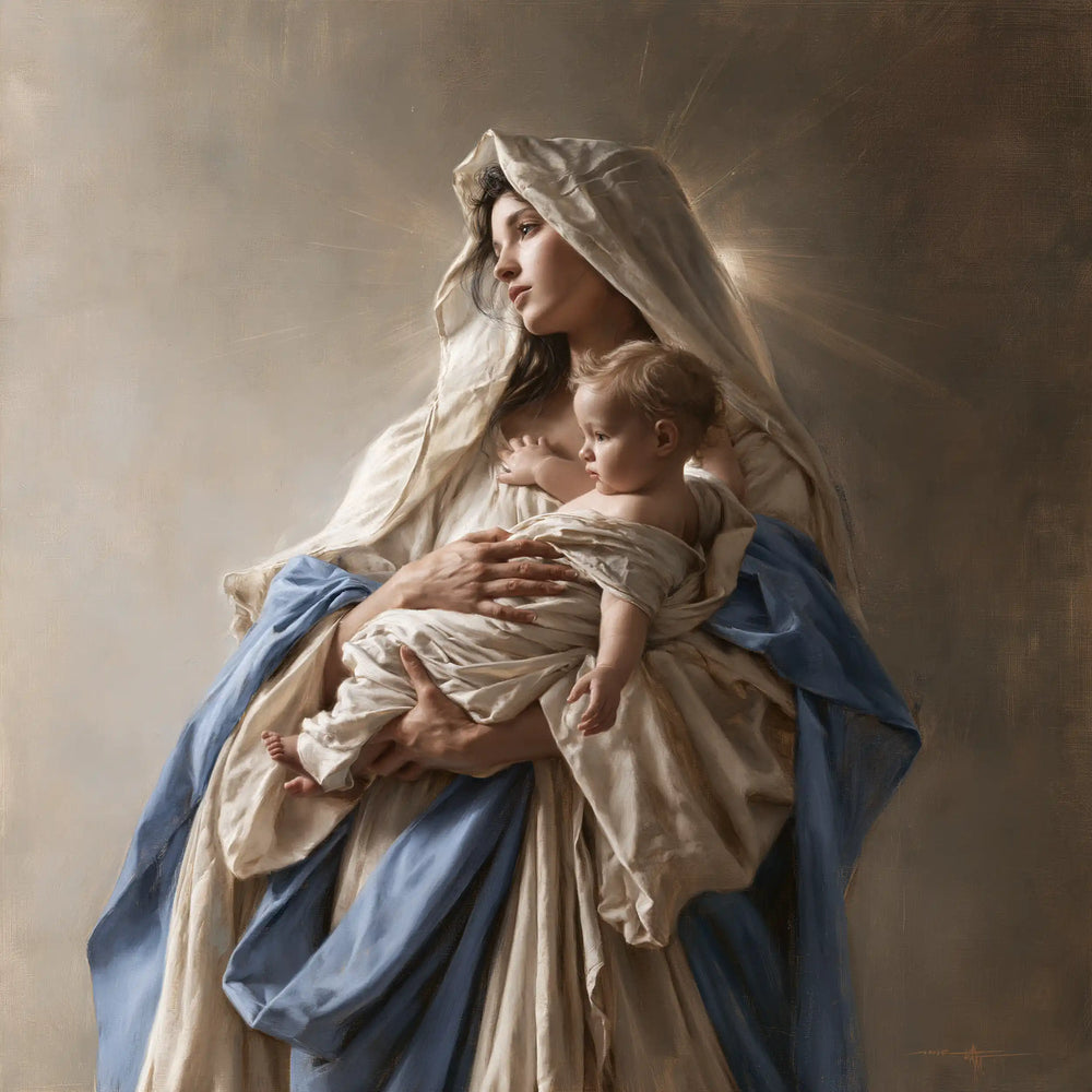 the Virgin Mary presenting the Child Jesus in Mary Presenting the Child Jesus style, square Christian artwork no. 6