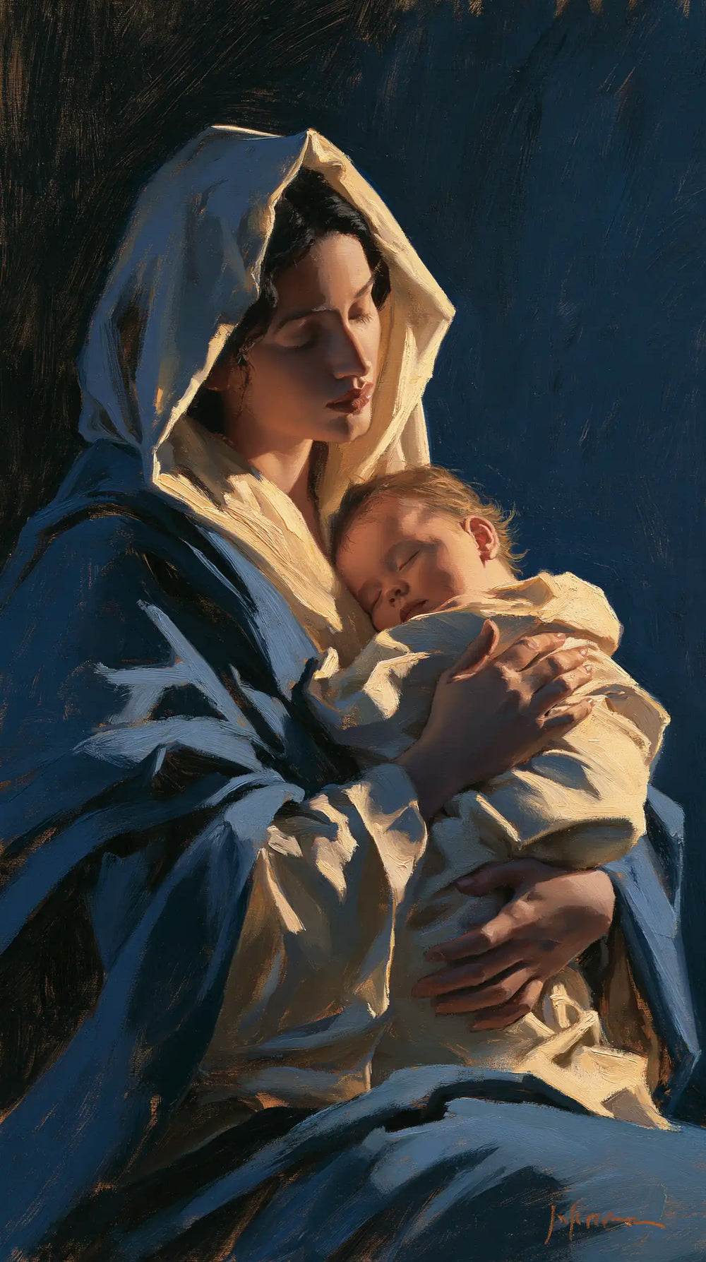 the Virgin Mary and the Child Jesus in Midnight Blue Chiaroscuro style, portrait Christian artwork no. 3