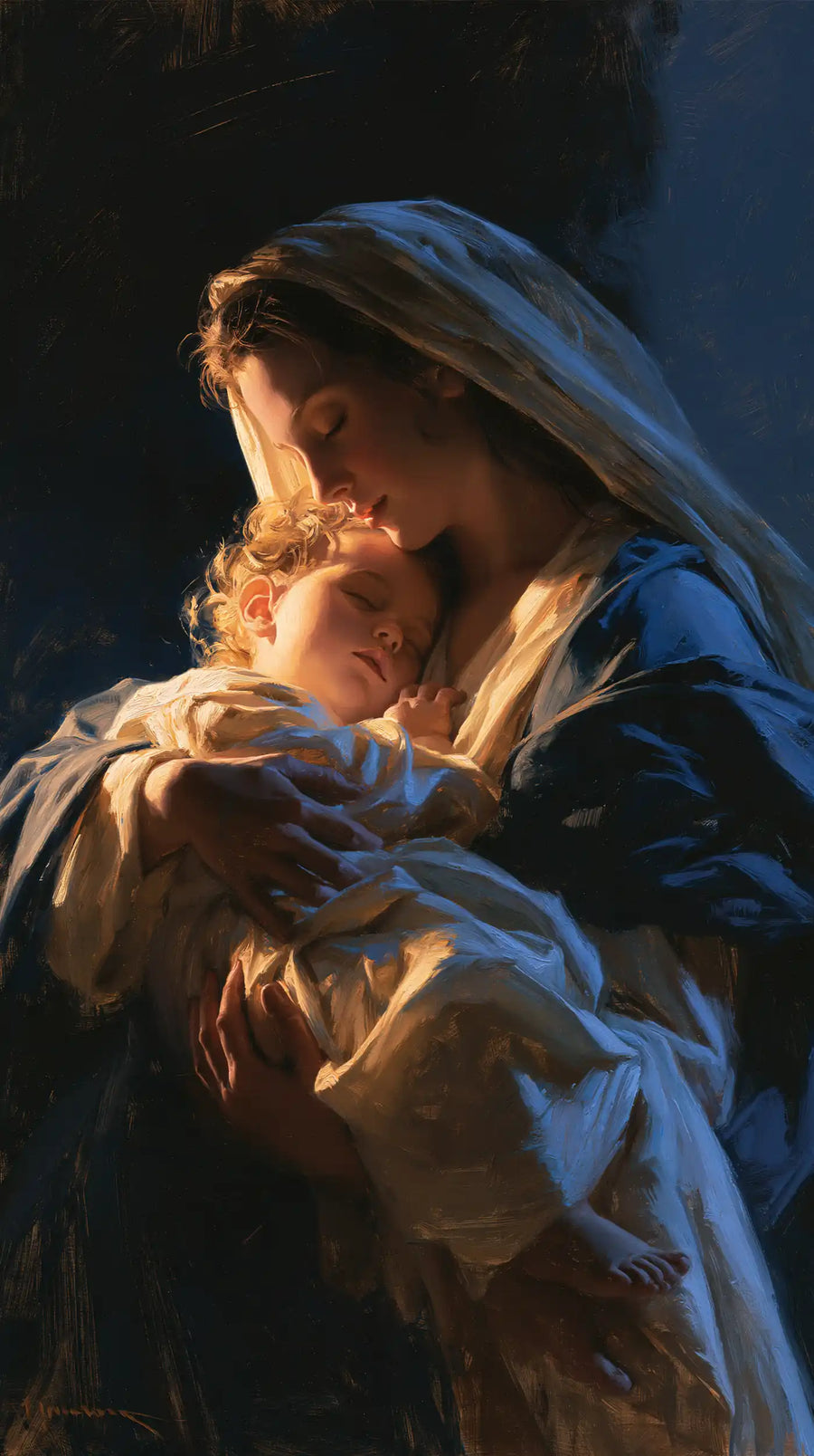 Virgin Mary and Child Jesus - Midnight Blue Chiaroscuro · Portrait n° 7
