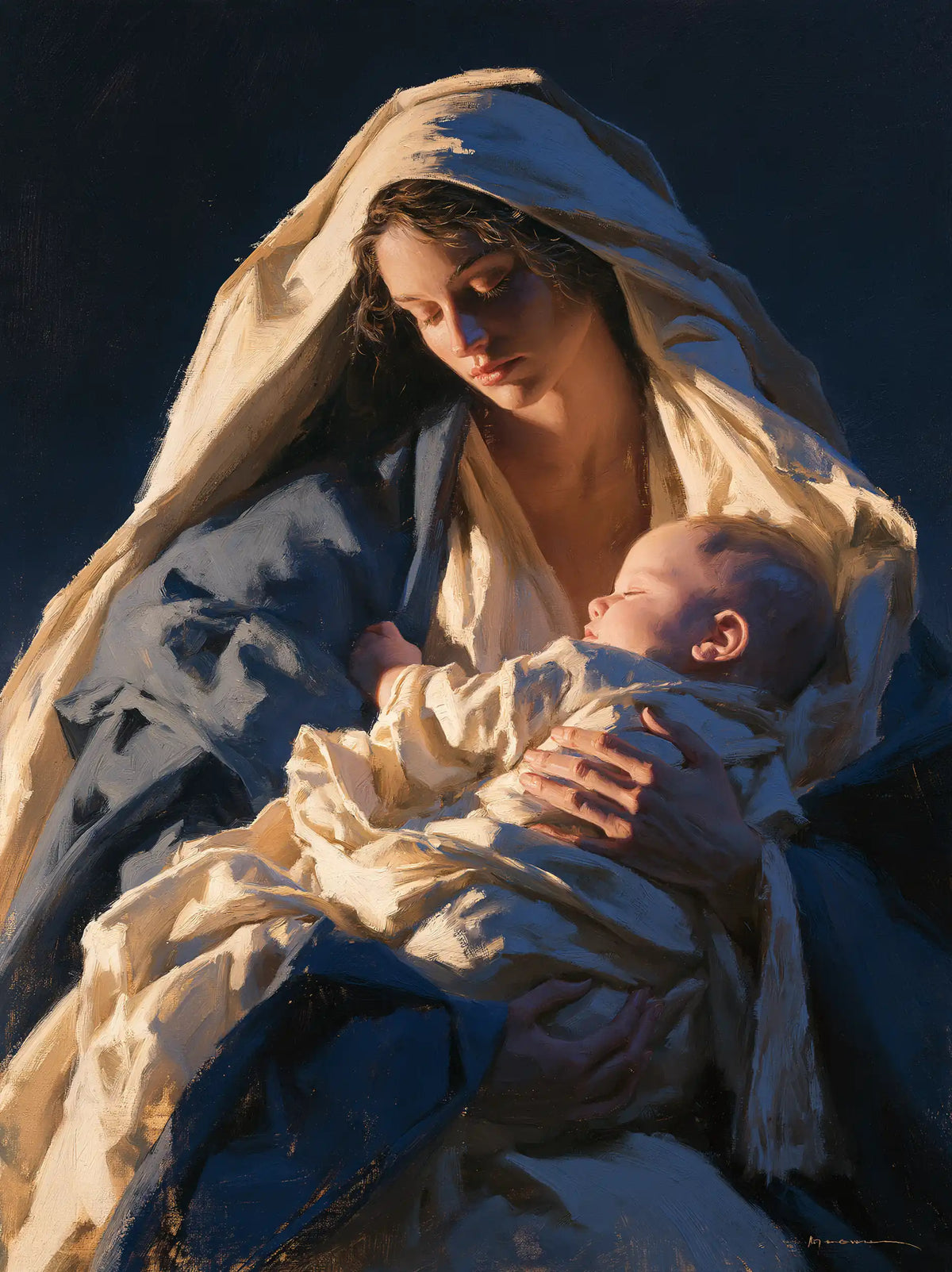 the Virgin Mary and the Child Jesus in Midnight Blue Chiaroscuro style, portrait Christian artwork no. 19