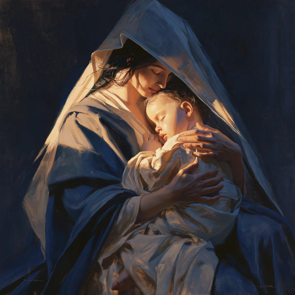 the Virgin Mary and the Child Jesus in Midnight Blue Chiaroscuro style, square Christian artwork no. 2