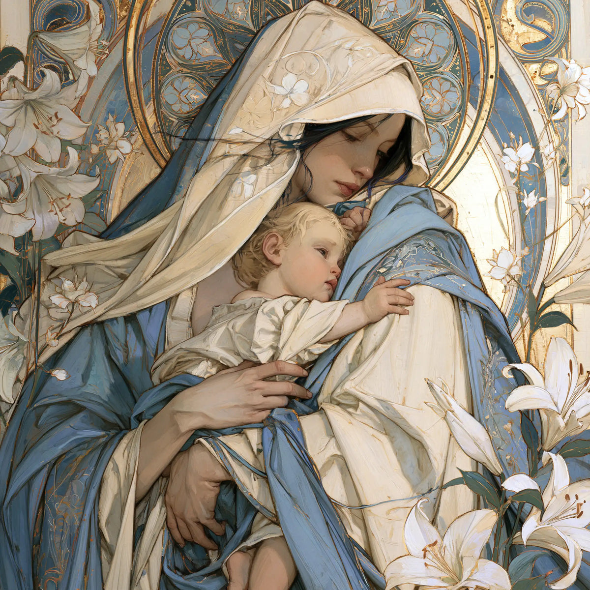the Virgin Mary with the Child Jesus in Sacred Art Nouveau style, square Christian artwork no. 3