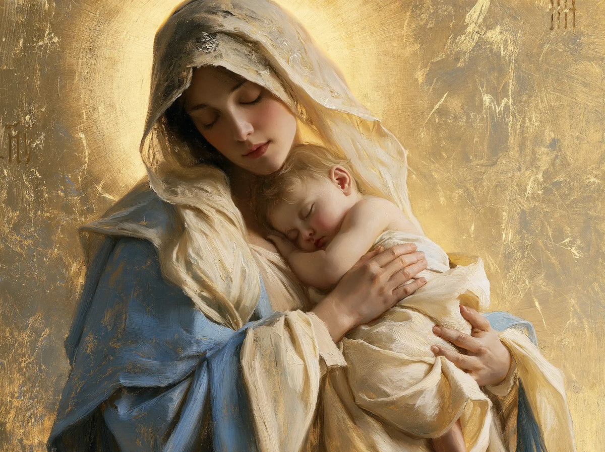 the Virgin Mary with the Child Jesus in Sacred Gold style, landscape Christian artwork no. 3