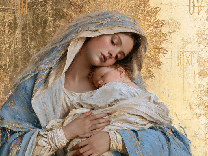 The Virgin and Child — Closed Eyelids Beneath Golden Leaves