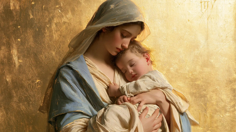 the Virgin Mary with the Child Jesus in Sacred Gold style, landscape Christian artwork no. 13