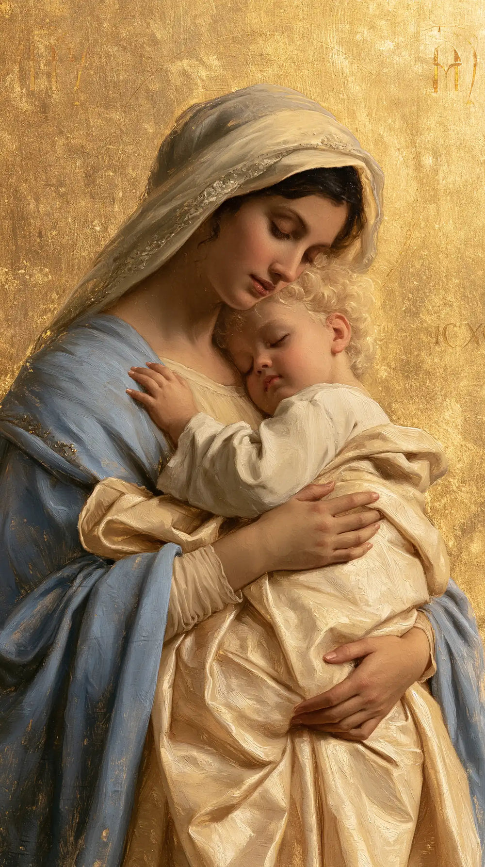 the Virgin Mary with the Child Jesus in Sacred Gold style, portrait Christian artwork no. 1