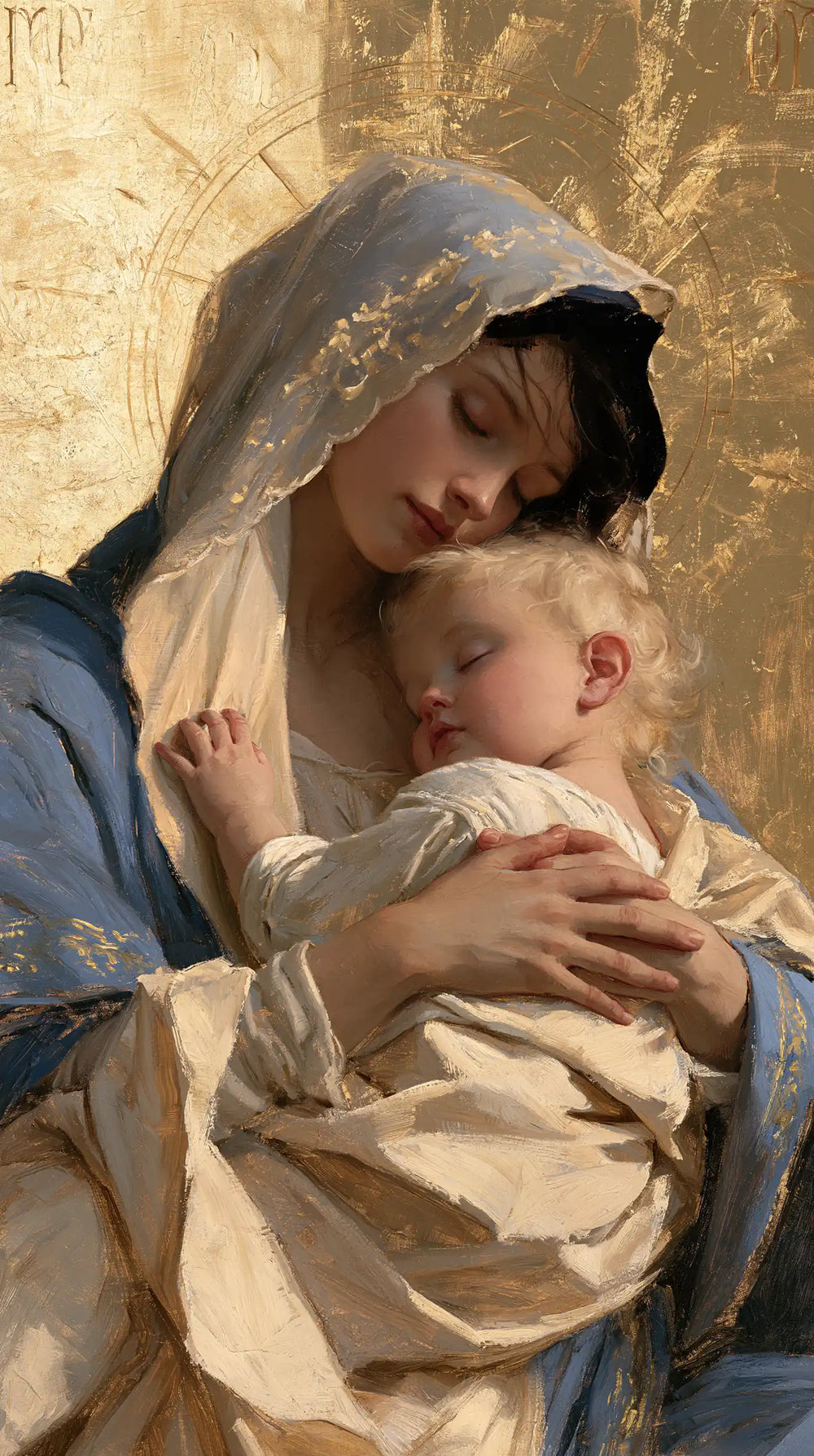 the Virgin Mary with the Child Jesus in Sacred Gold style, portrait Christian artwork no. 2