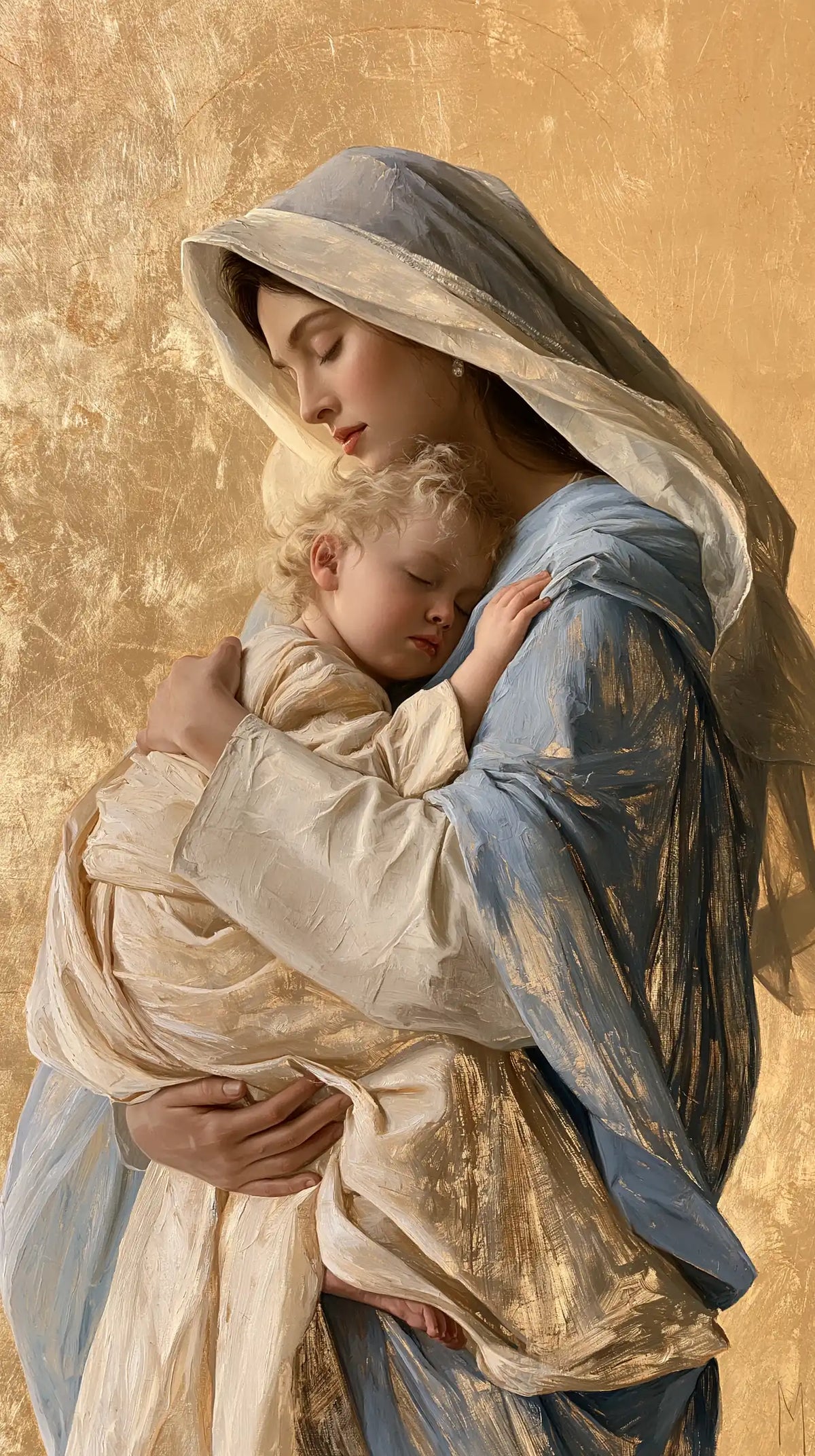 the Virgin Mary with the Child Jesus in Sacred Gold style, portrait Christian artwork no. 15