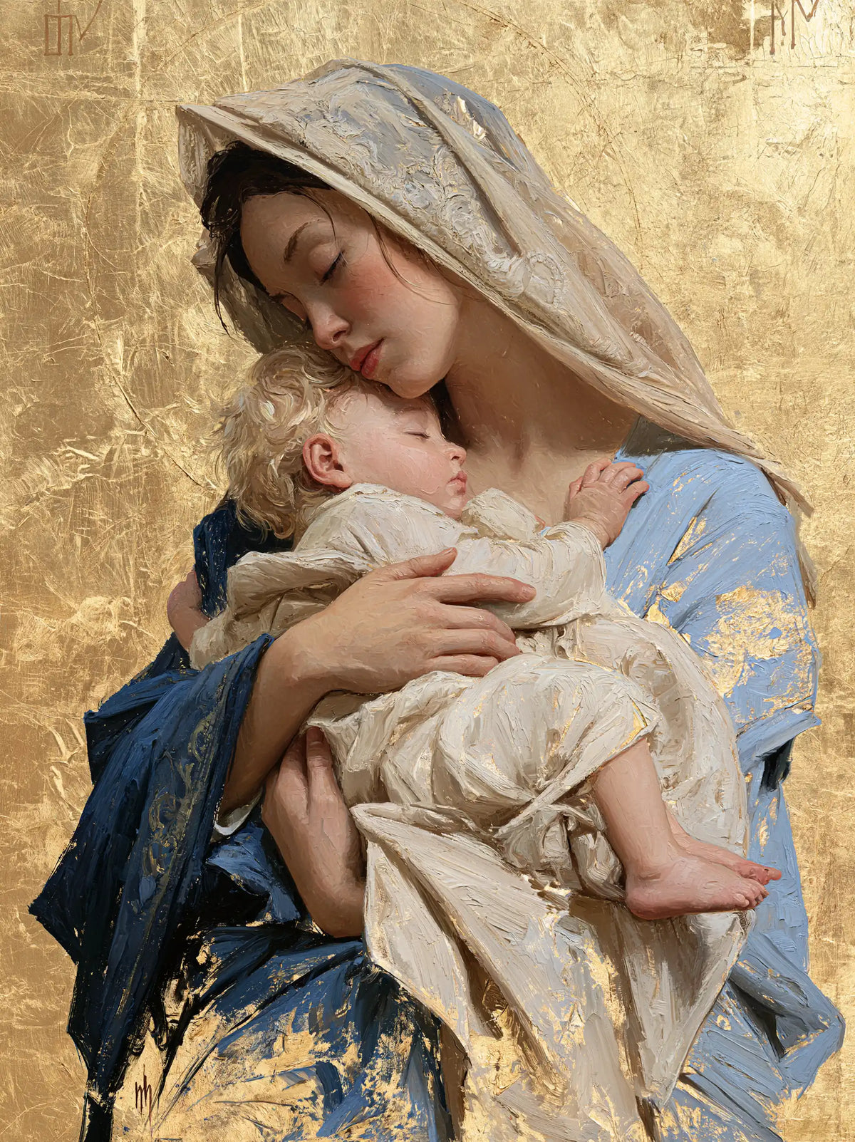 the Virgin Mary with the Child Jesus in Sacred Gold style, portrait Christian artwork no. 19