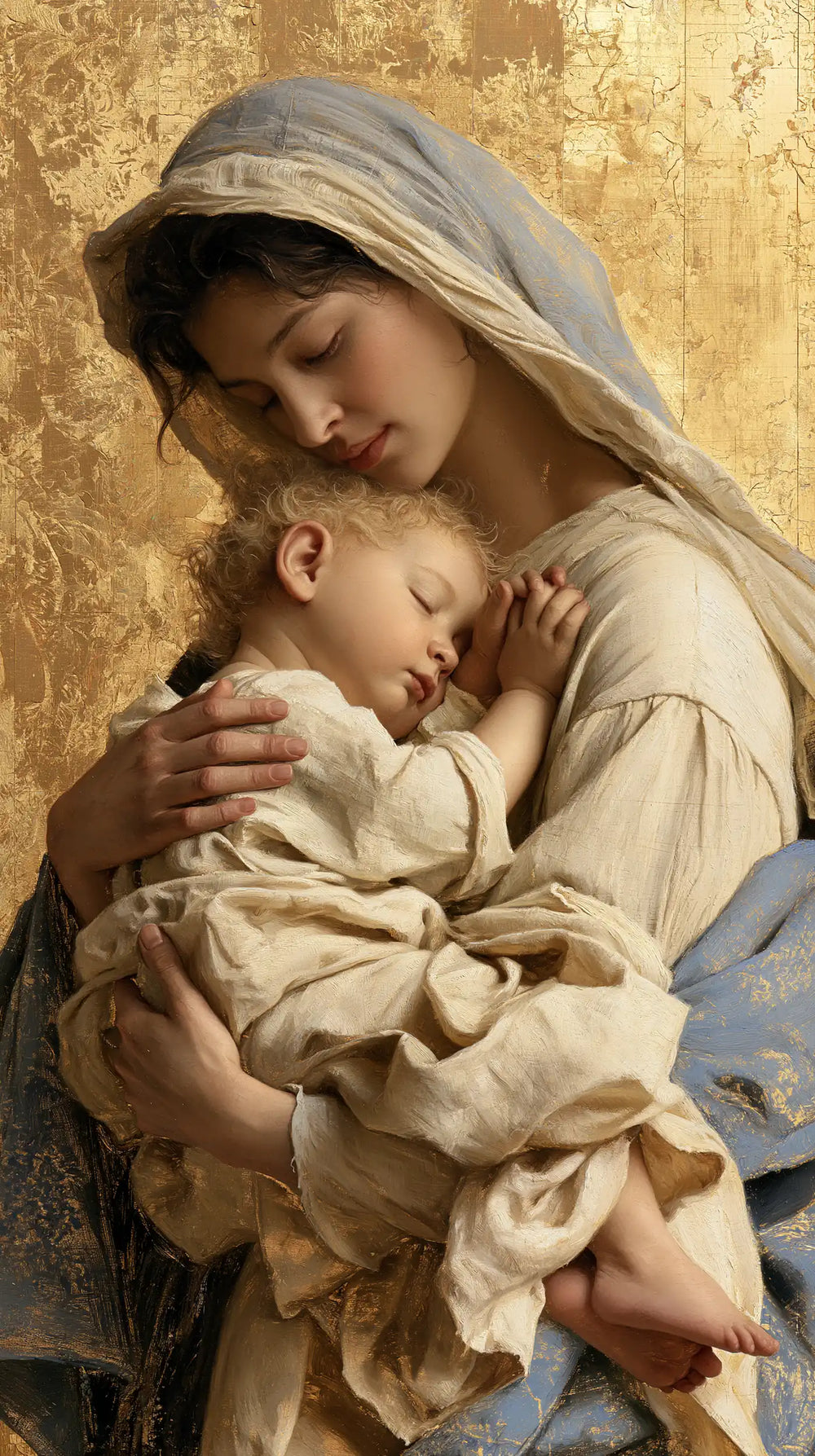 the Virgin Mary with the Child Jesus in Sacred Gold style, portrait Christian artwork no. 21