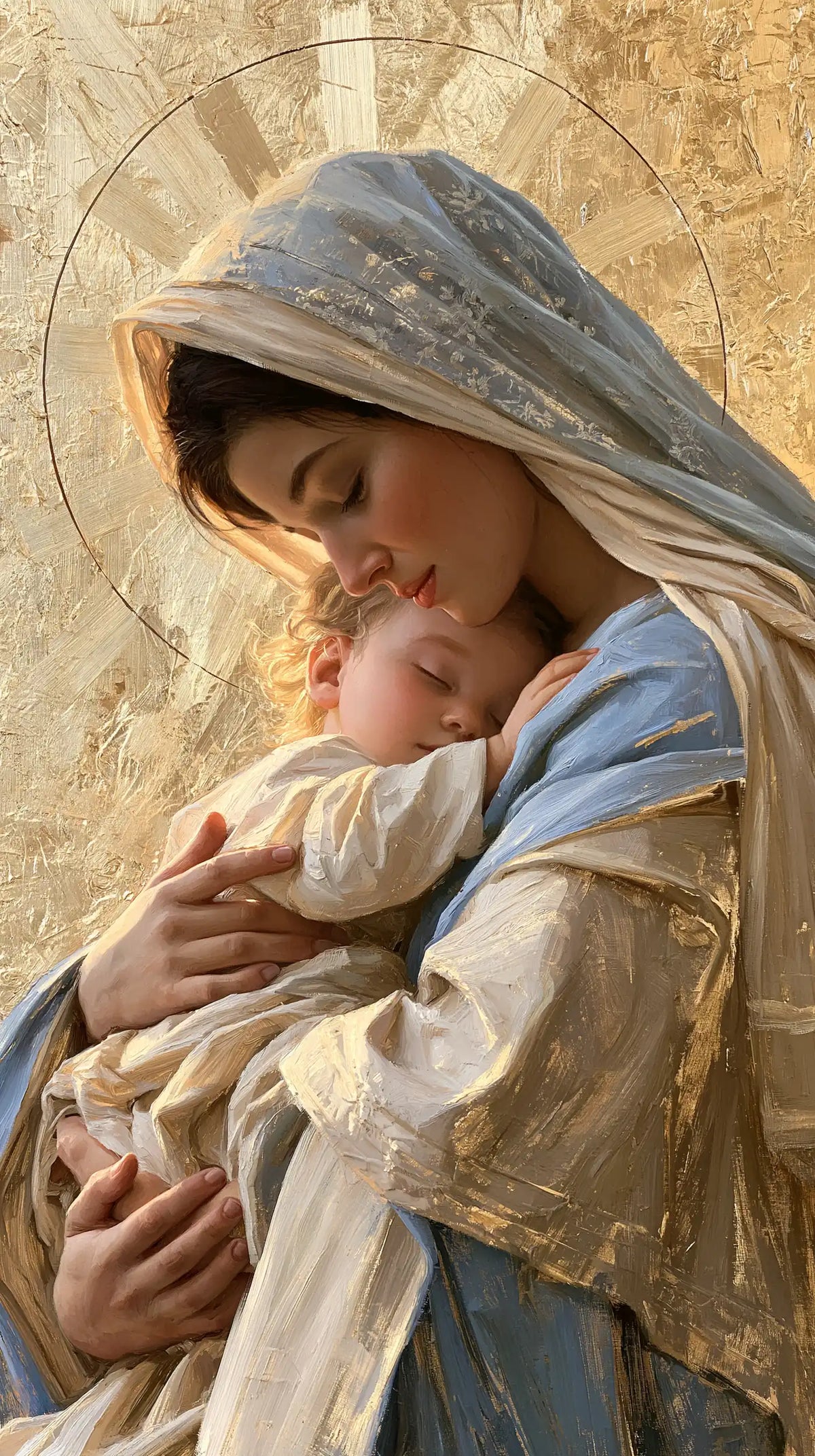 the Virgin Mary with the Child Jesus in Sacred Gold style, portrait Christian artwork no. 28