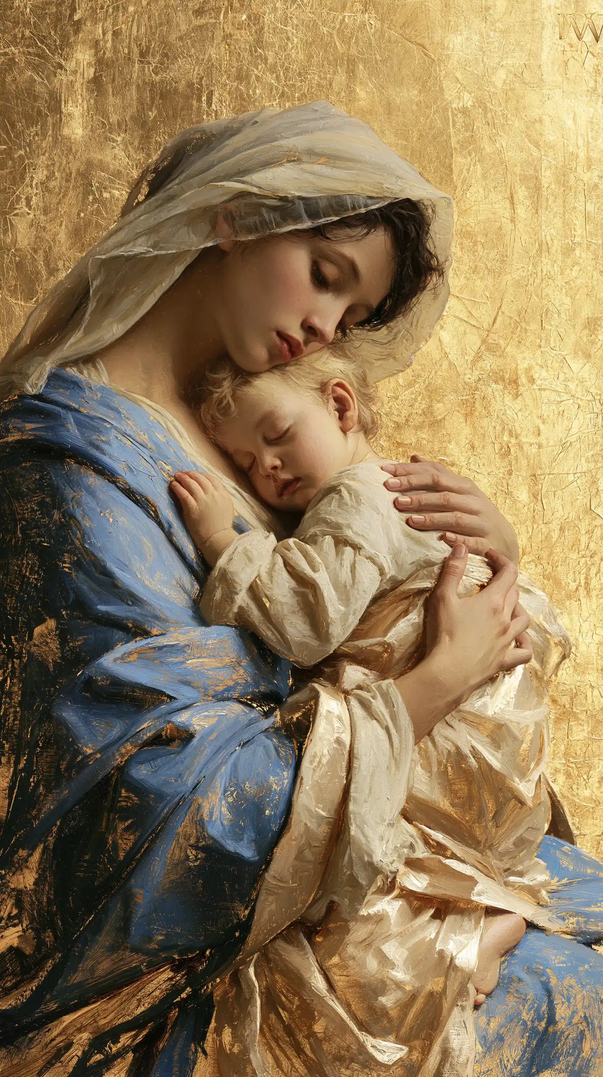 the Virgin Mary with the Child Jesus in Sacred Gold style, portrait Christian artwork no. 29