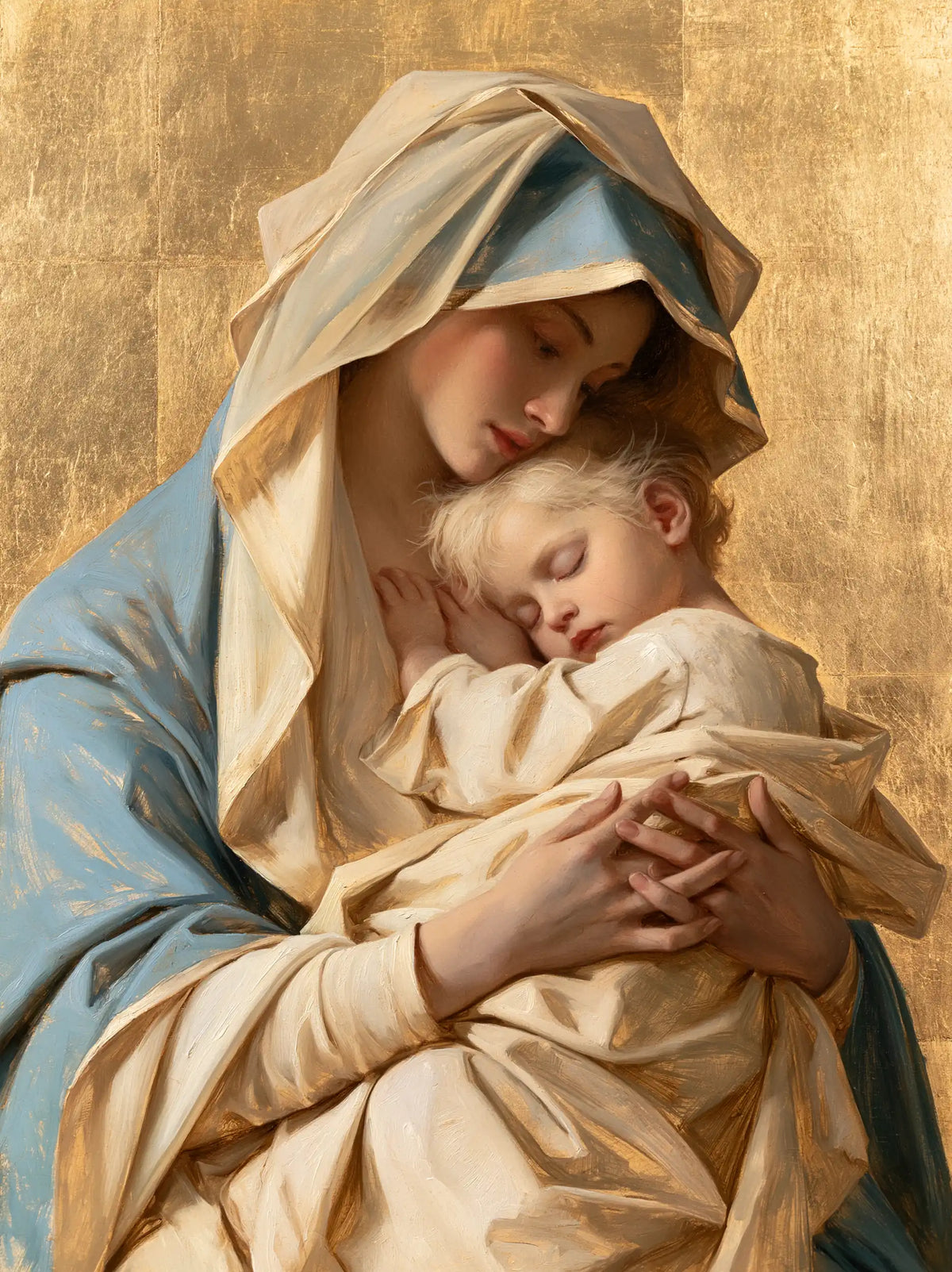 the Virgin Mary with the Child Jesus in Sacred Gold style, portrait Christian artwork no. 32