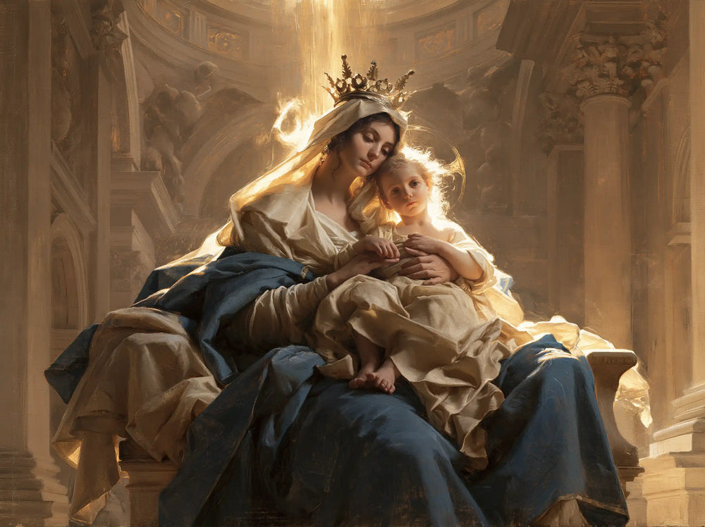 the Virgin Mary and the Child Jesus in a majestic composition in Sacred Monumental View style, landscape Christian artwork no. 1