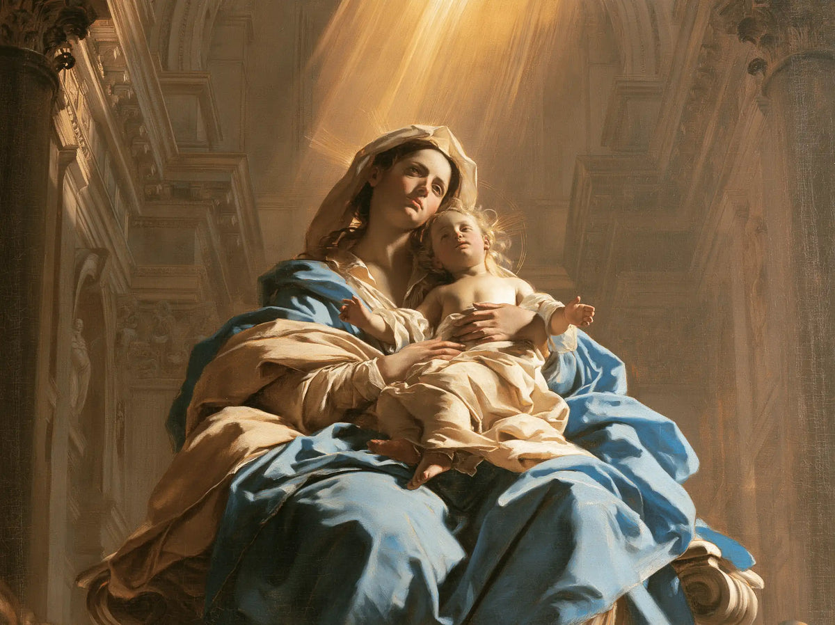the Virgin Mary and the Child Jesus in a majestic composition in Sacred Monumental View style, landscape Christian artwork no. 3