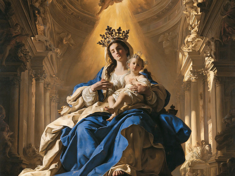 the Virgin Mary and the Child Jesus in a majestic composition in Sacred Monumental View style, landscape Christian artwork no. 6