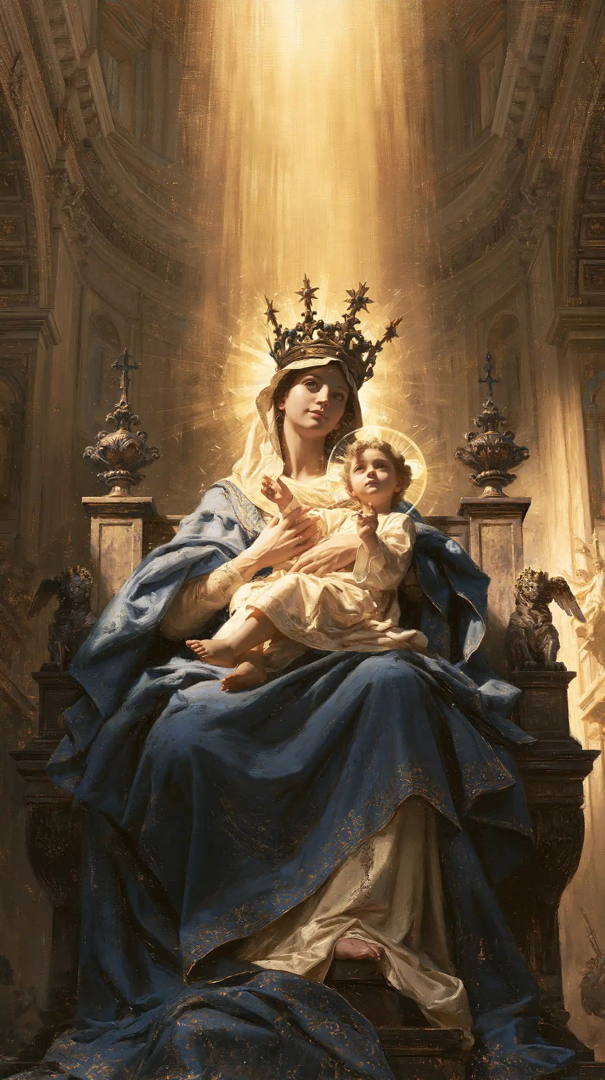 the Virgin Mary and the Child Jesus in a majestic composition in Sacred Monumental View style, portrait Christian artwork no. 7