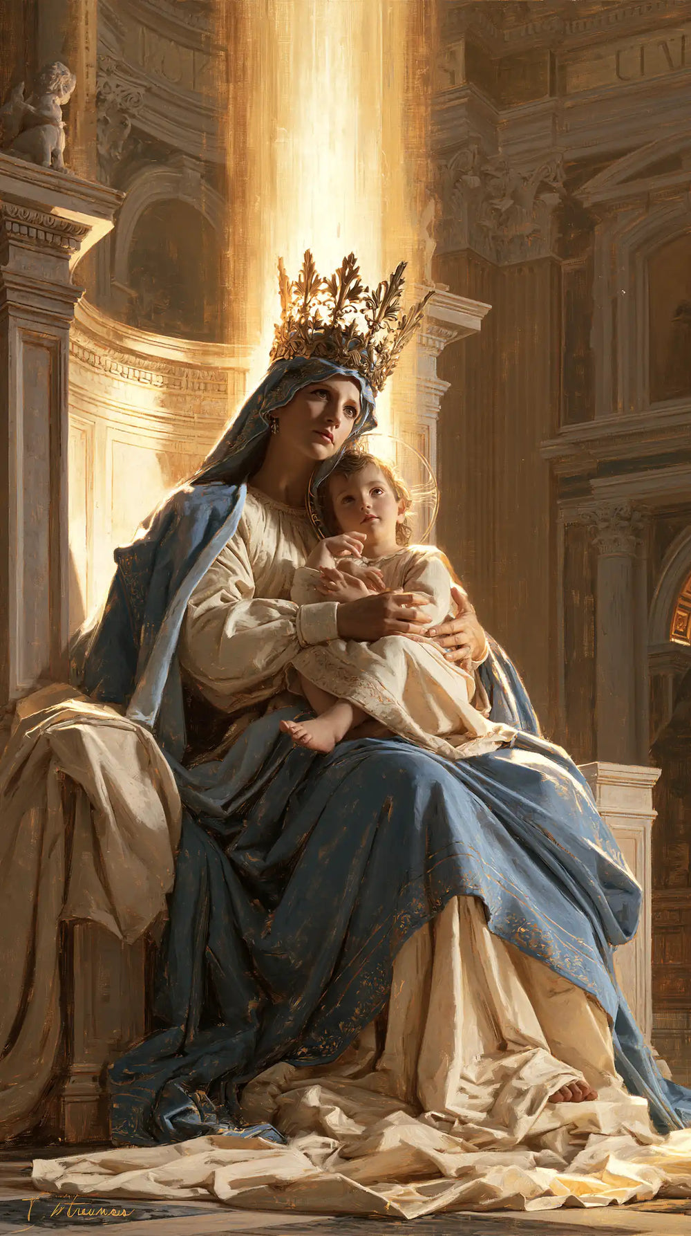 the Virgin Mary and the Child Jesus in a majestic composition in Sacred Monumental View style, portrait Christian artwork no. 12