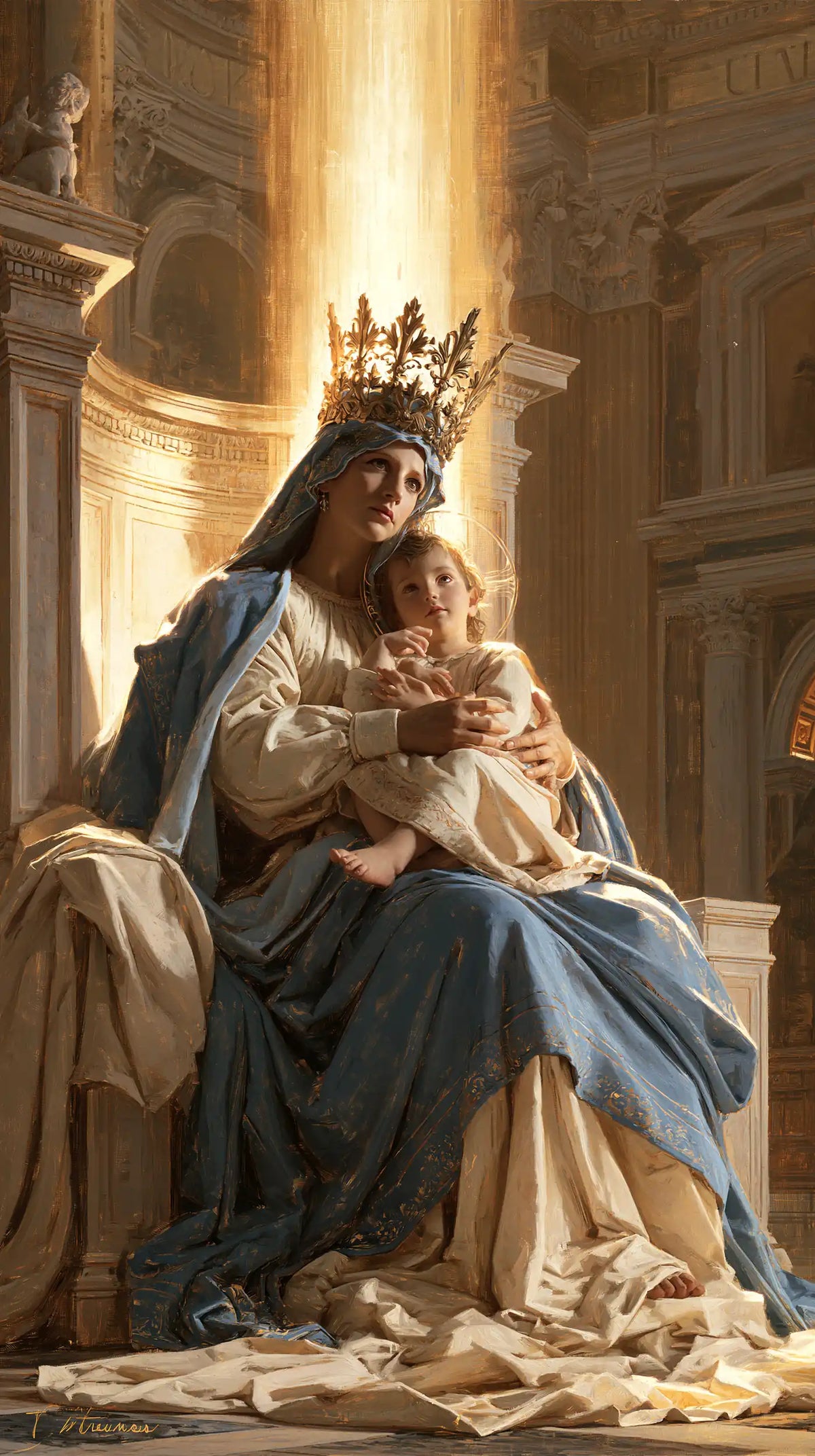 the Virgin Mary and the Child Jesus in a majestic composition in Sacred Monumental View style, portrait Christian artwork no. 12