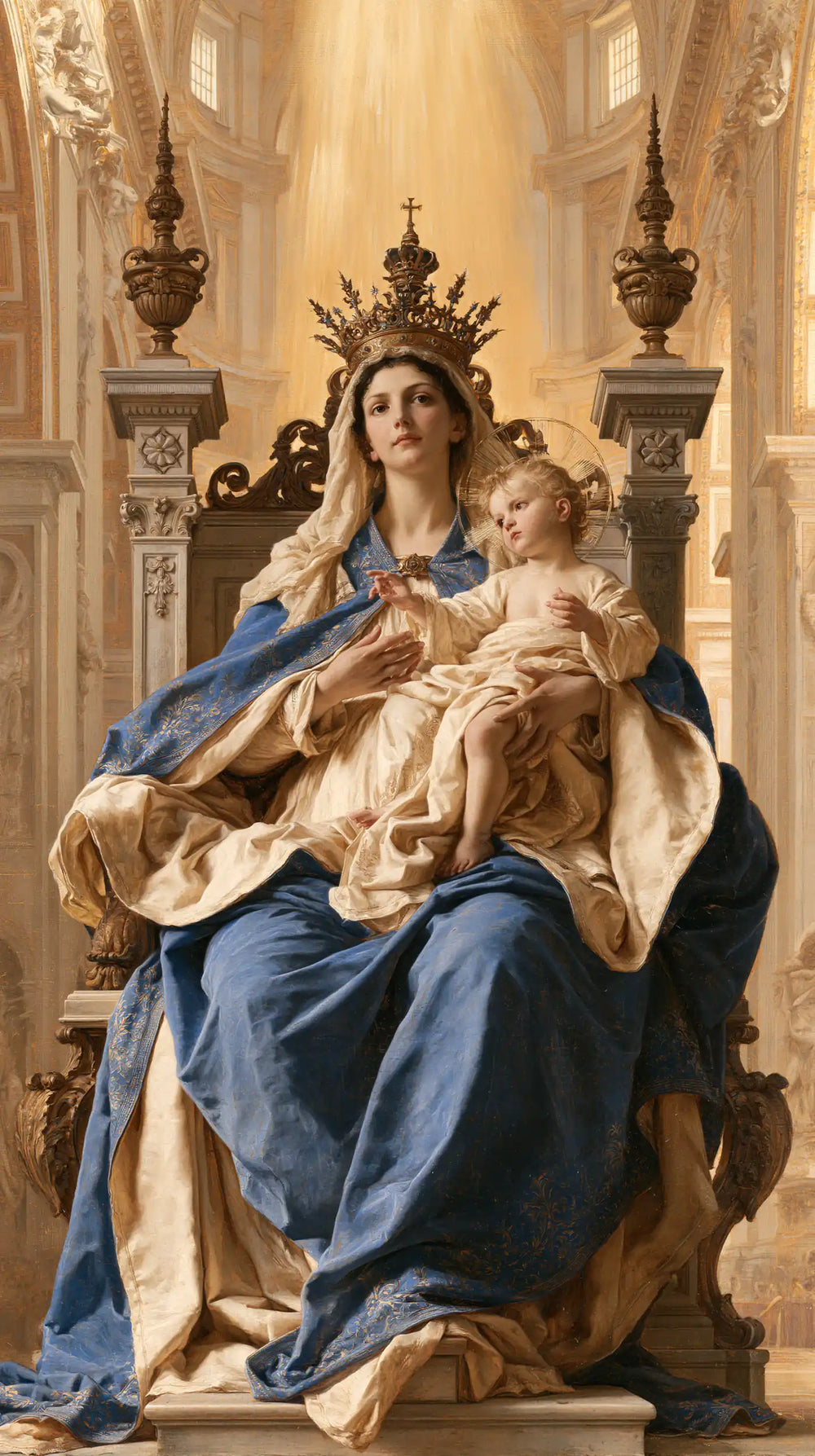 the Virgin Mary and the Child Jesus in a majestic composition in Sacred Monumental View style, portrait Christian artwork no. 23