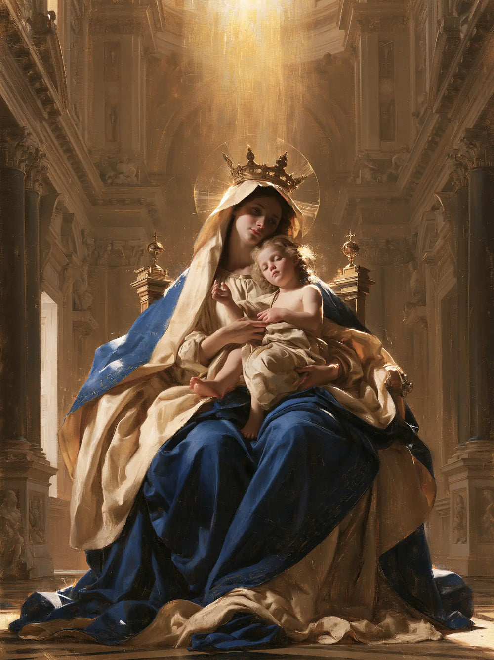 the Virgin Mary and the Child Jesus in a majestic composition in Sacred Monumental View style, portrait Christian artwork no. 34