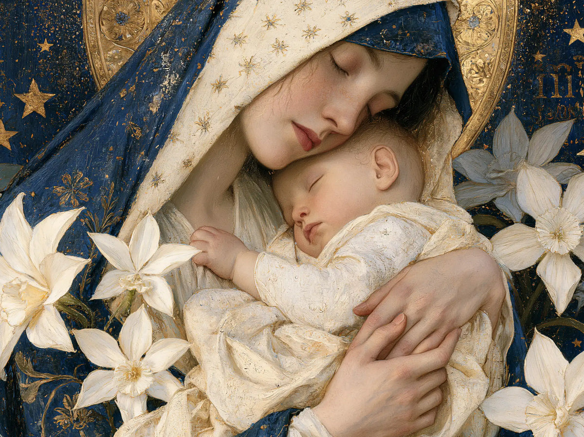 the Virgin Mary and the Child Jesus in Symbolist style, landscape Christian artwork no. 4