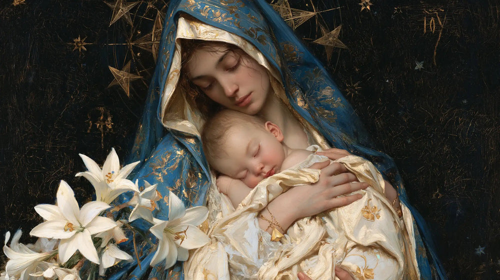 the Virgin Mary and the Child Jesus in Symbolist style, landscape Christian artwork no. 15