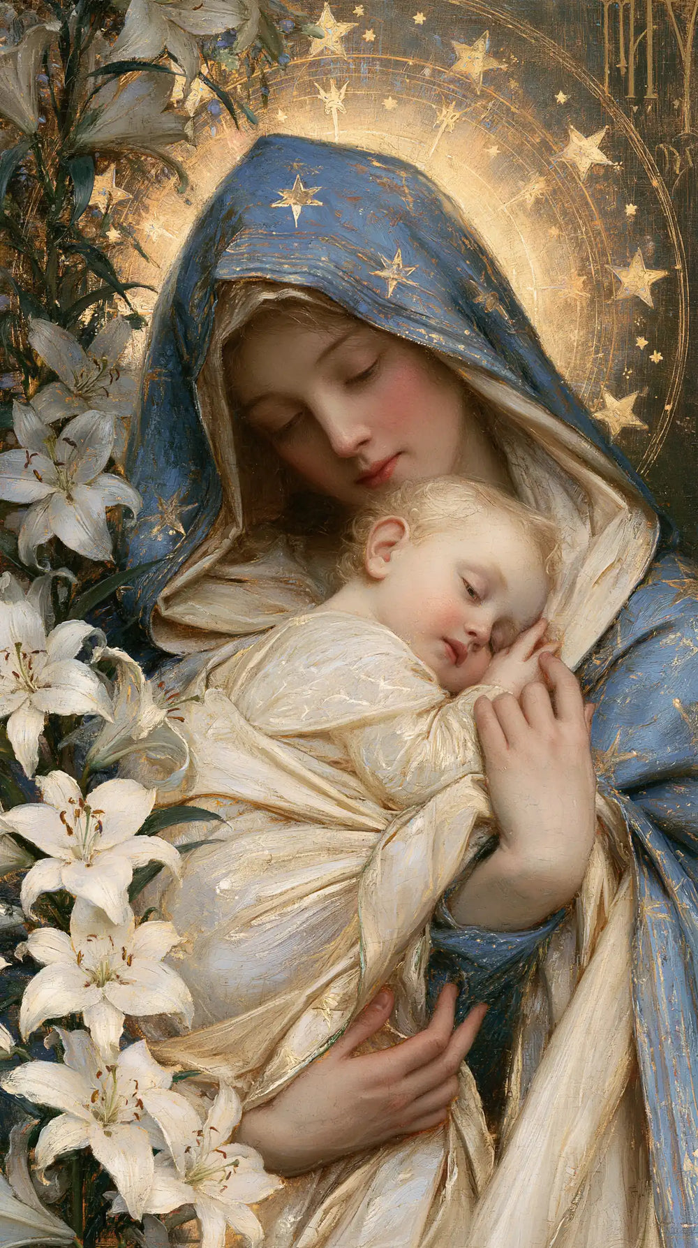 the Virgin Mary and the Child Jesus in Symbolist style, portrait Christian artwork no. 7