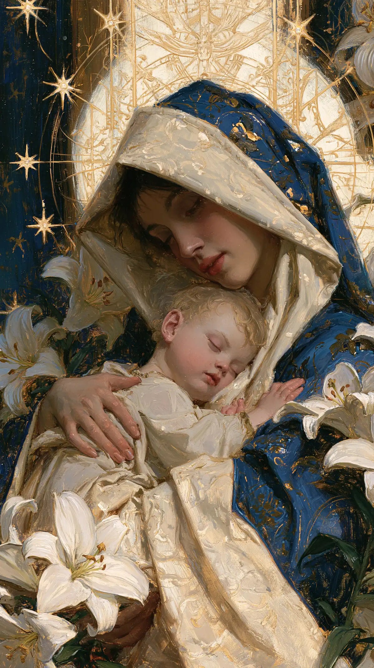 the Virgin Mary and the Child Jesus in Symbolist style, portrait Christian artwork no. 15