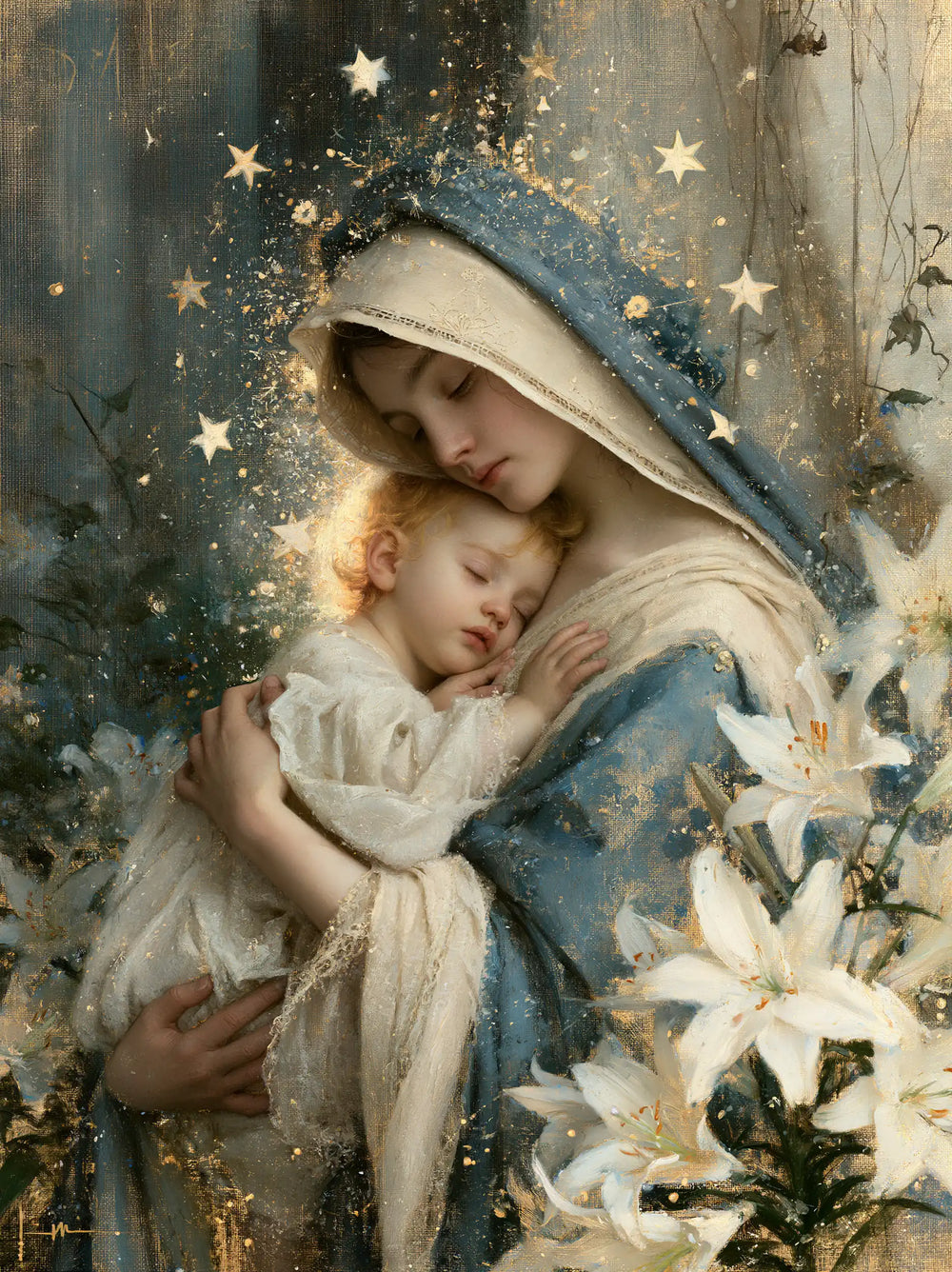 the Virgin Mary and the Child Jesus in Symbolist style, portrait Christian artwork no. 17
